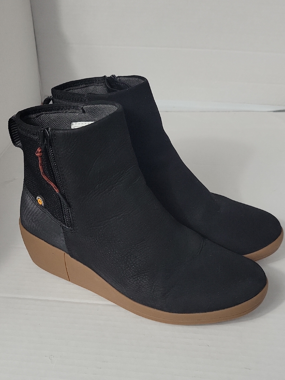 Bogs Black Ankle Booties with Tan Wedge Sole